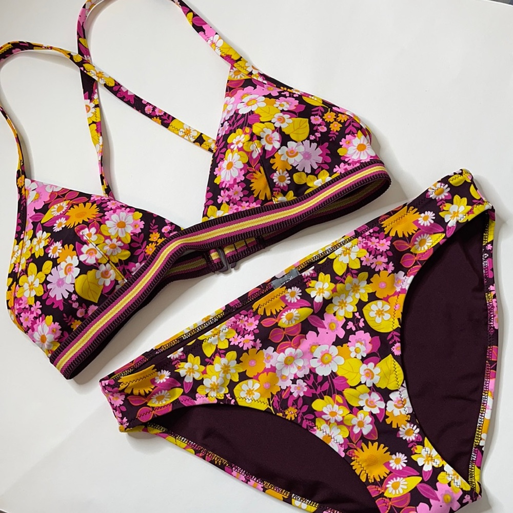 Aerie Purple Pink Yellow Floral Bikini Swimsuit Medium